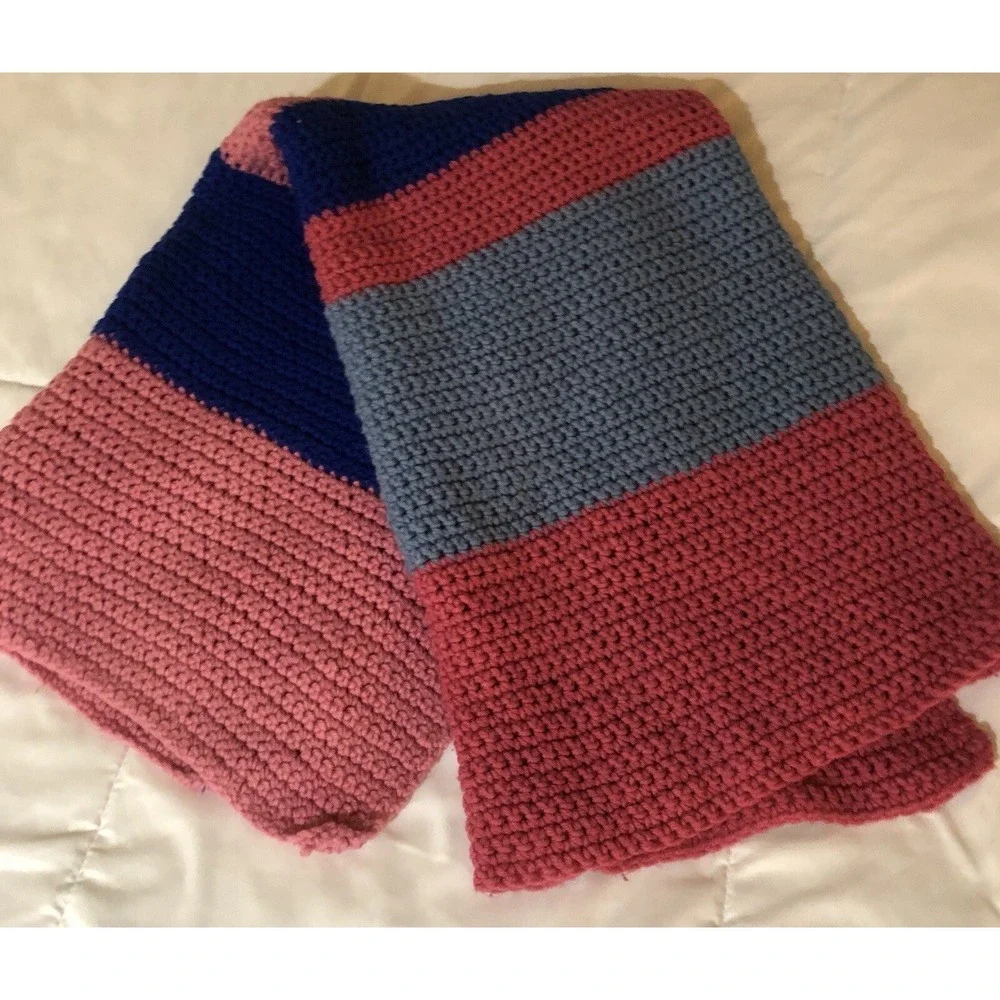 Four toned Stripes Pretty Pink Blue Vintage Afghan Cozy Couch‎ Throw Blanket